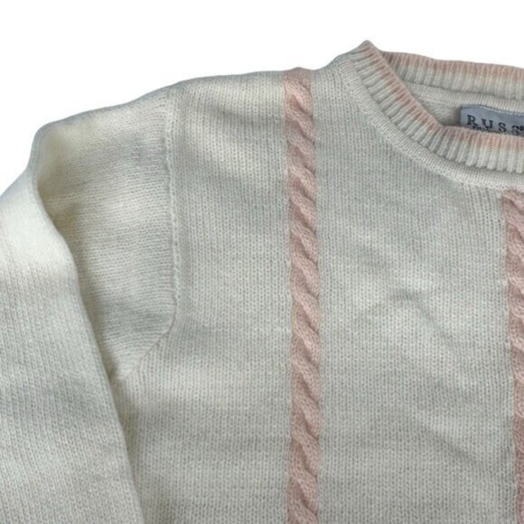 Russ Petites M Sweater Crew Neck Angora Lambswool Pink Cream Crew Neck Vintage - Picture 3 of 5